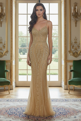 V-Neck Spaghetti Straps Beaded Appliques Sparkly Mermaid Party Prom Dress