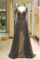 Low V-Neck Long Sleeves Illusion Back Formal Beaded Prom Gown 