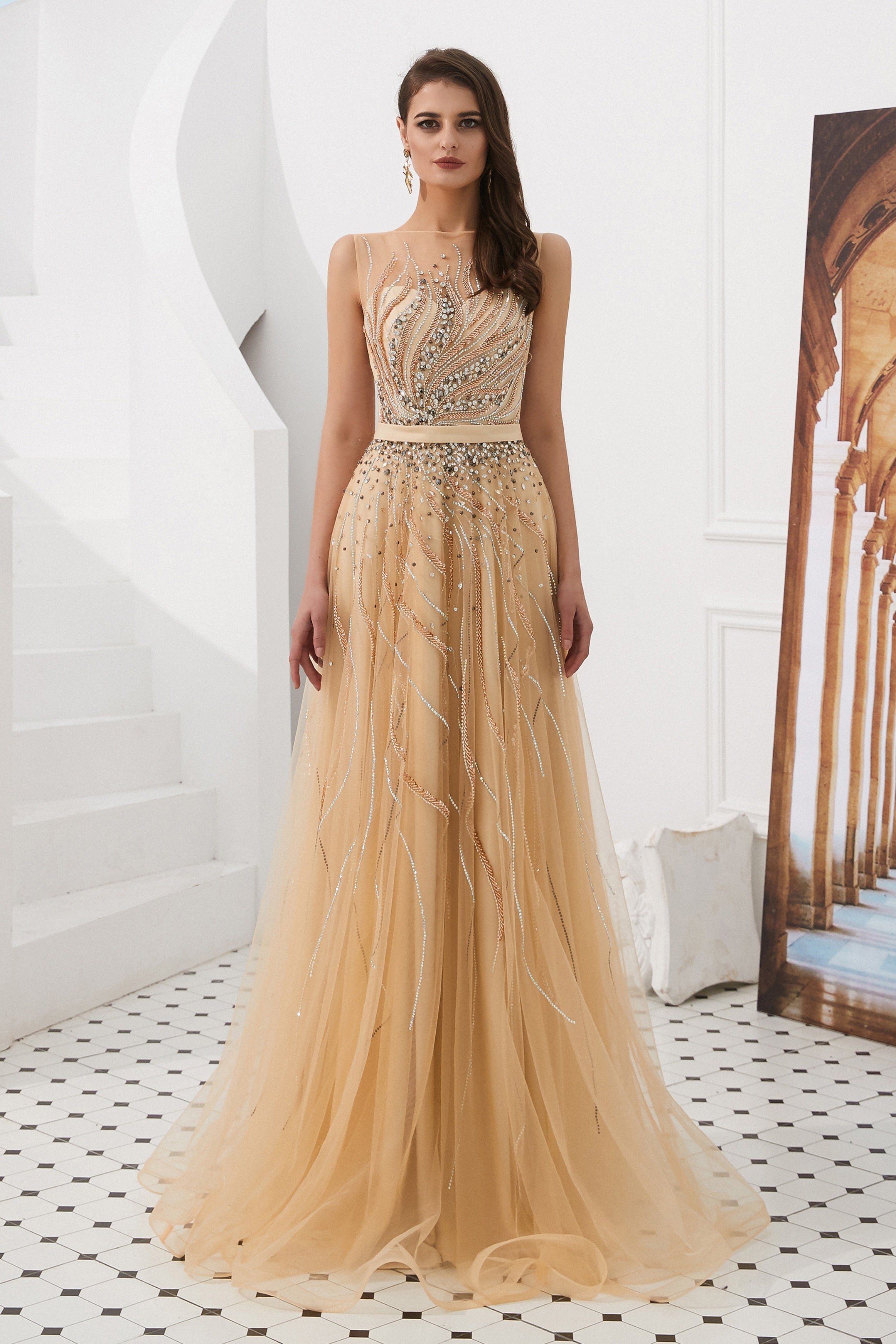 A-Line Sleeveless Round Beaded Decoration Floor-Length Prom Dress
