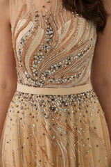A-Line Sleeveless Round Beaded Decoration Floor-Length Prom Dress