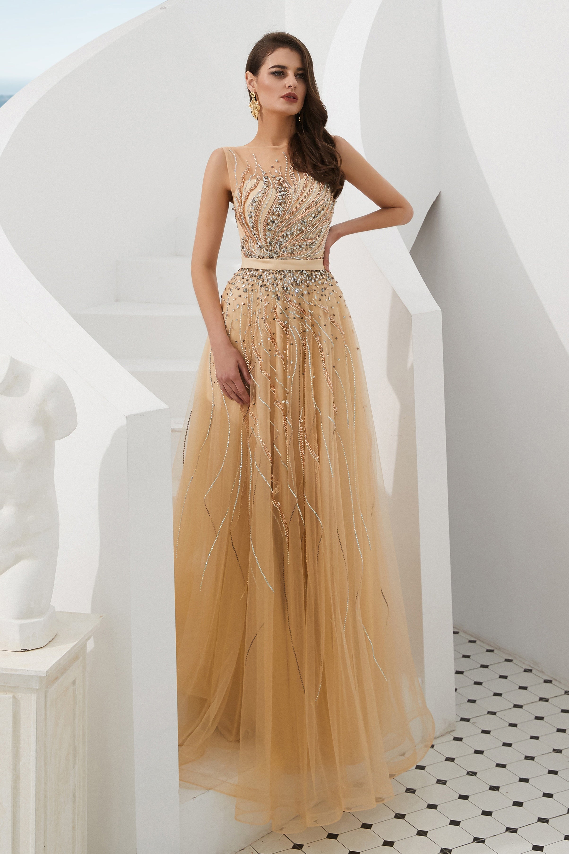 A-Line Sleeveless Round Beaded Decoration Floor-Length Prom Dress