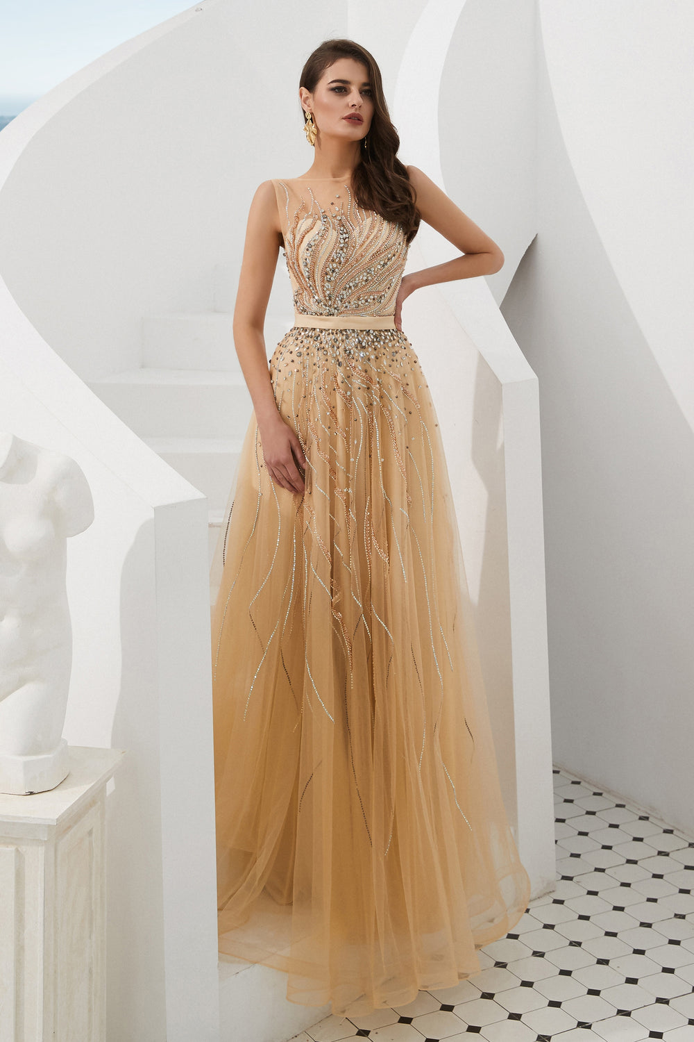 A-Line Sleeveless Round Beaded Decoration Floor-Length Prom Dress