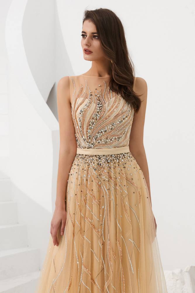 A-Line Sleeveless Round Beaded Decoration Floor-Length Prom Dress