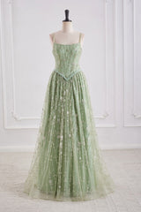 Bateau Spaghetti Straps A-Line Beaded Party Prom Dress