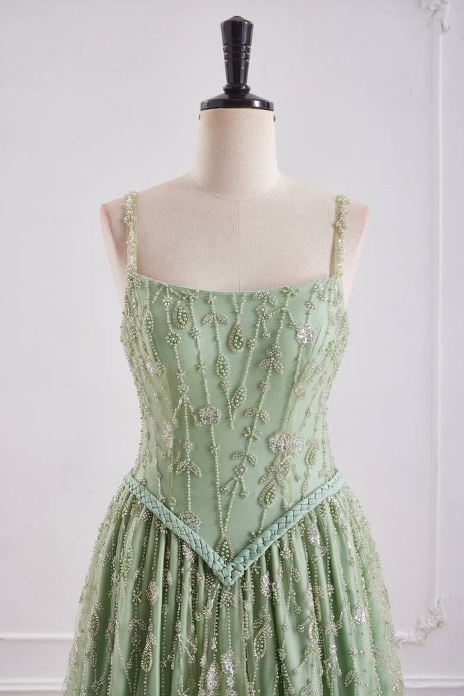 Bateau Spaghetti Straps A-Line Beaded Party Prom Dress