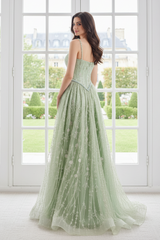 Bateau Spaghetti Straps A-Line Beaded Party Prom Dress