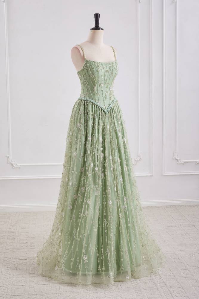 Bateau Spaghetti Straps A-Line Beaded Party Prom Dress