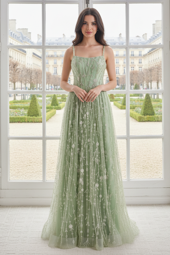 Bateau Spaghetti Straps A-Line Beaded Party Prom Dress