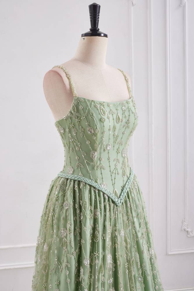 Bateau Spaghetti Straps A-Line Beaded Party Prom Dress