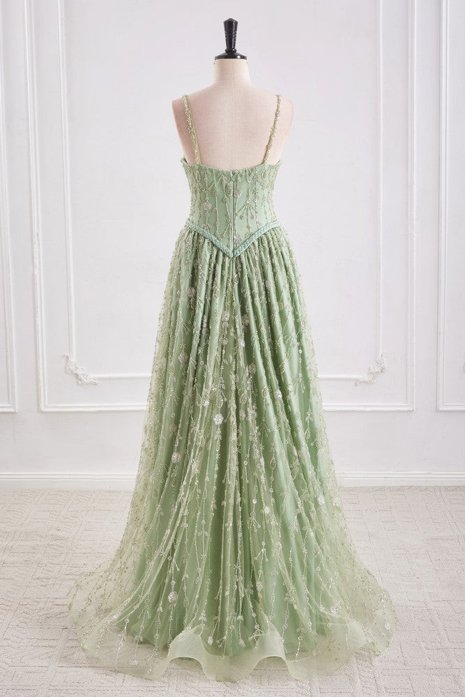 Bateau Spaghetti Straps A-Line Beaded Party Prom Dress