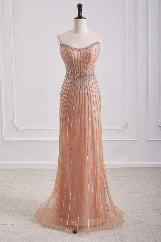 Bateau Strapless Tulle Beaded Party Prom Dress With Detachable Sleeves