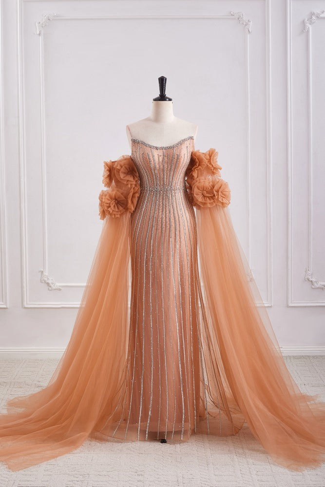 Bateau Strapless Tulle Beaded Party Prom Dress With Detachable Sleeves