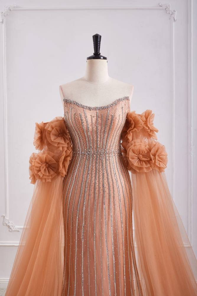 Bateau Strapless Tulle Beaded Party Prom Dress With Detachable Sleeves