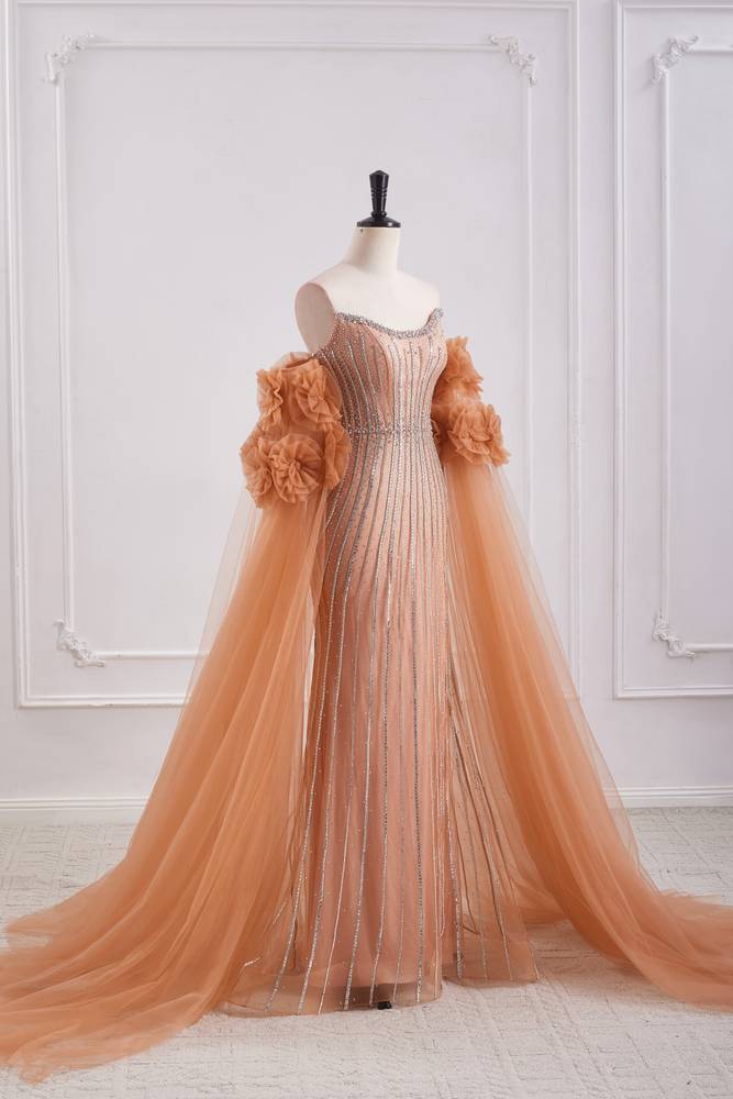 Bateau Strapless Tulle Beaded Party Prom Dress With Detachable Sleeves