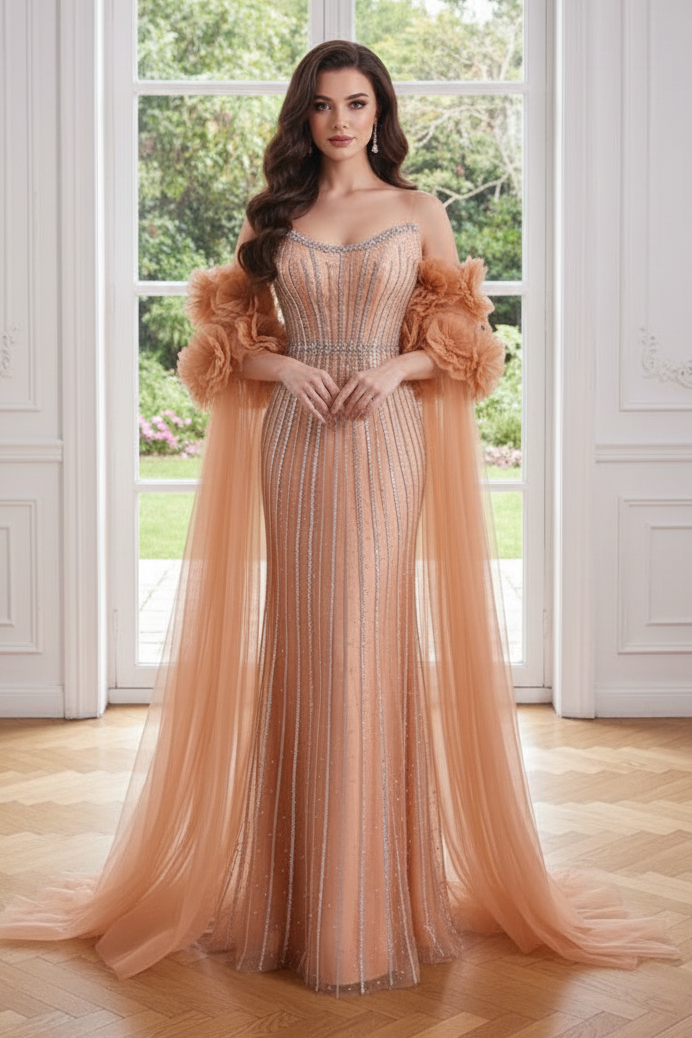 Bateau Strapless Tulle Beaded Party Prom Dress With Detachable Sleeves