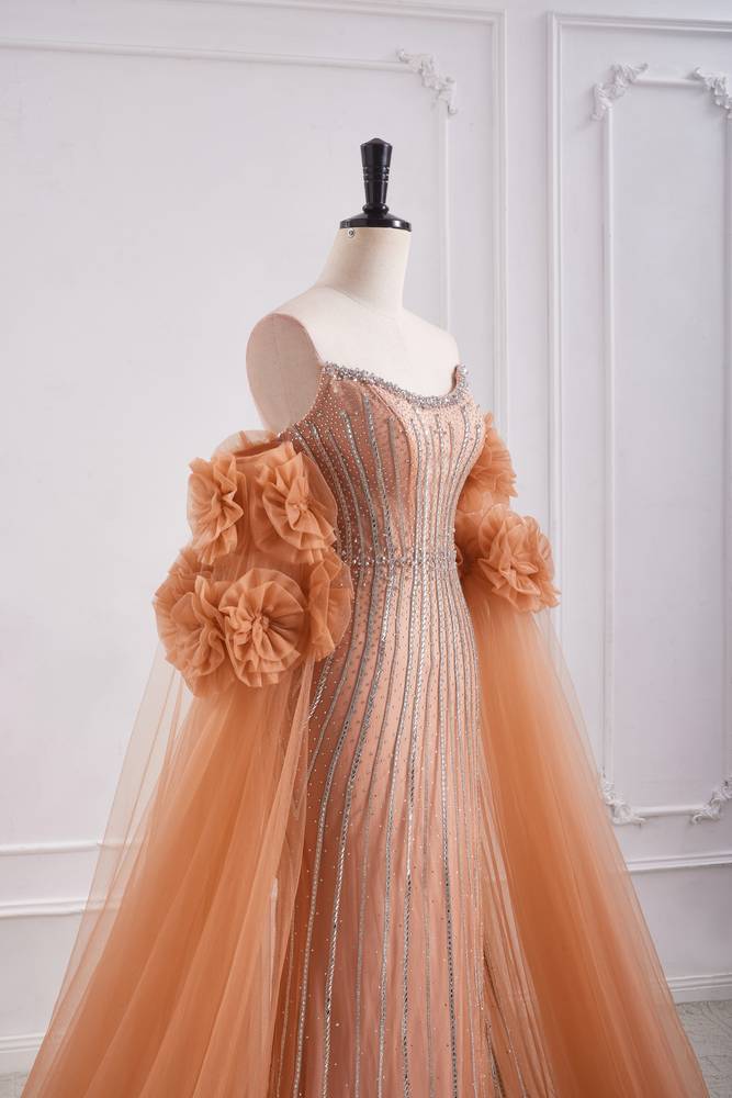 Bateau Strapless Tulle Beaded Party Prom Dress With Detachable Sleeves