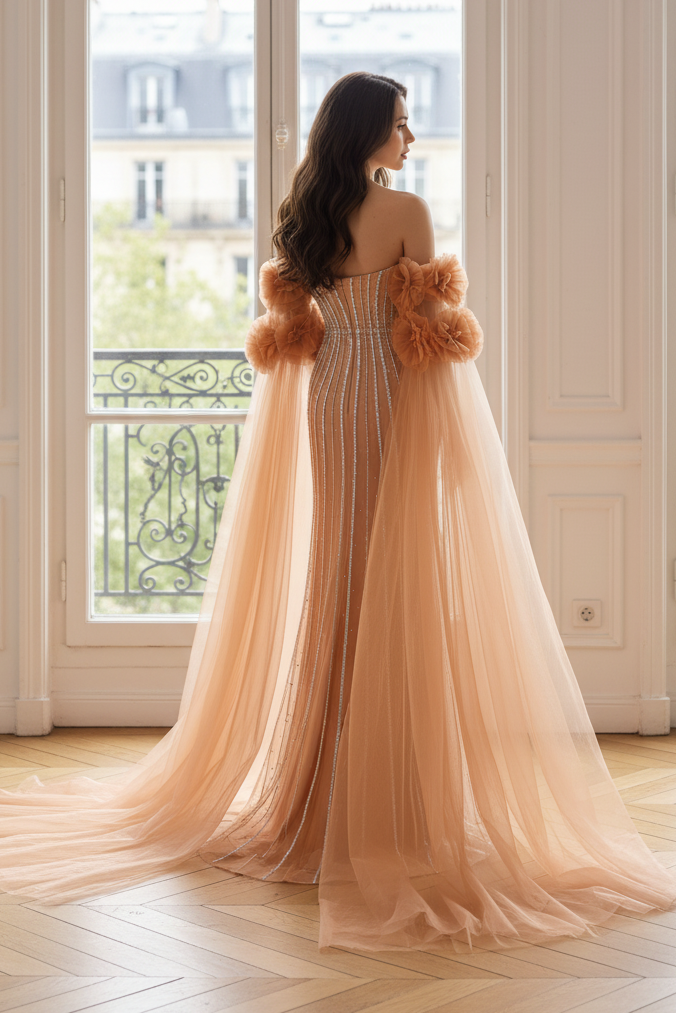 Bateau Strapless Tulle Beaded Party Prom Dress With Detachable Sleeves