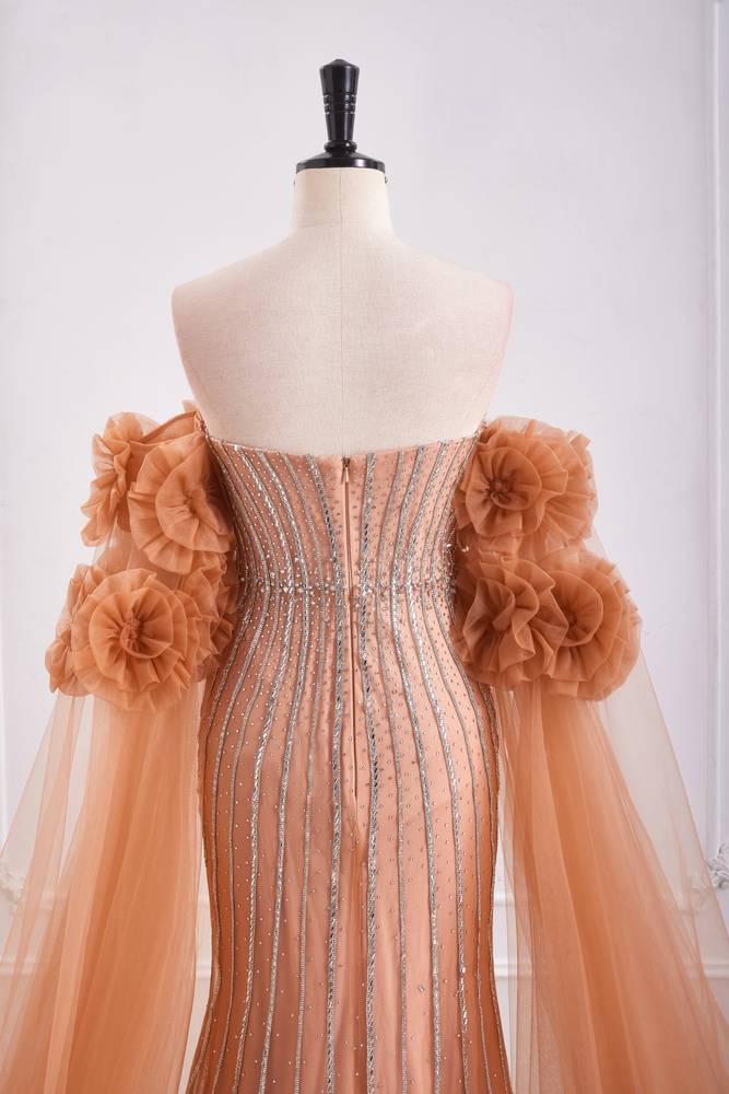 Bateau Strapless Tulle Beaded Party Prom Dress With Detachable Sleeves