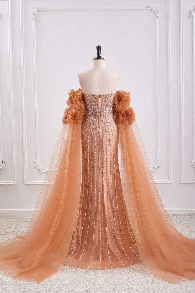 Bateau Strapless Tulle Beaded Party Prom Dress With Detachable Sleeves