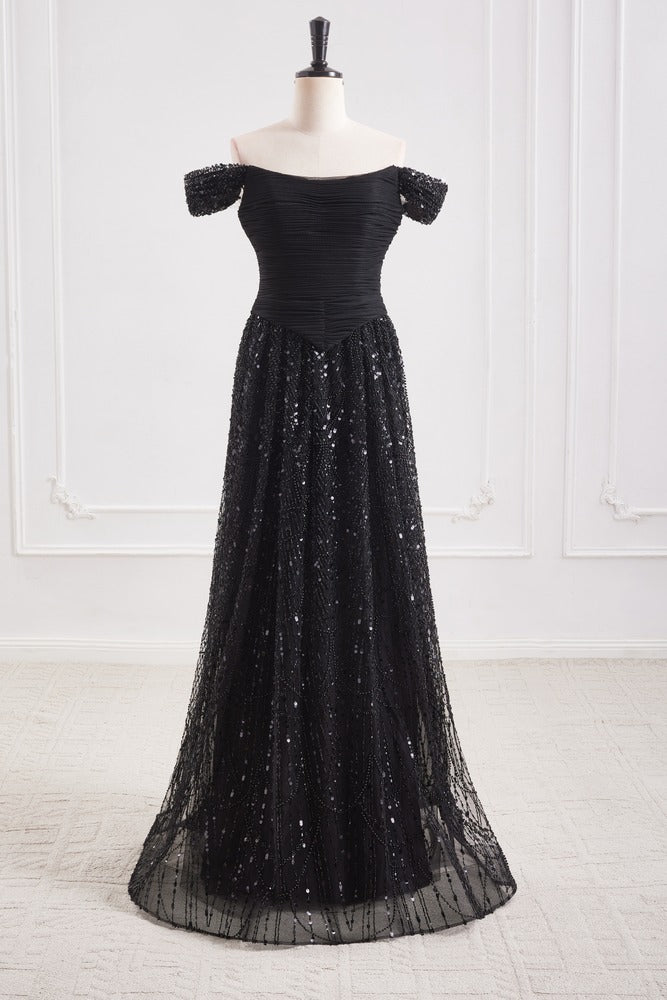 Black Bateau Off-Shoulder Two Tone A-Line Party Prom Dress