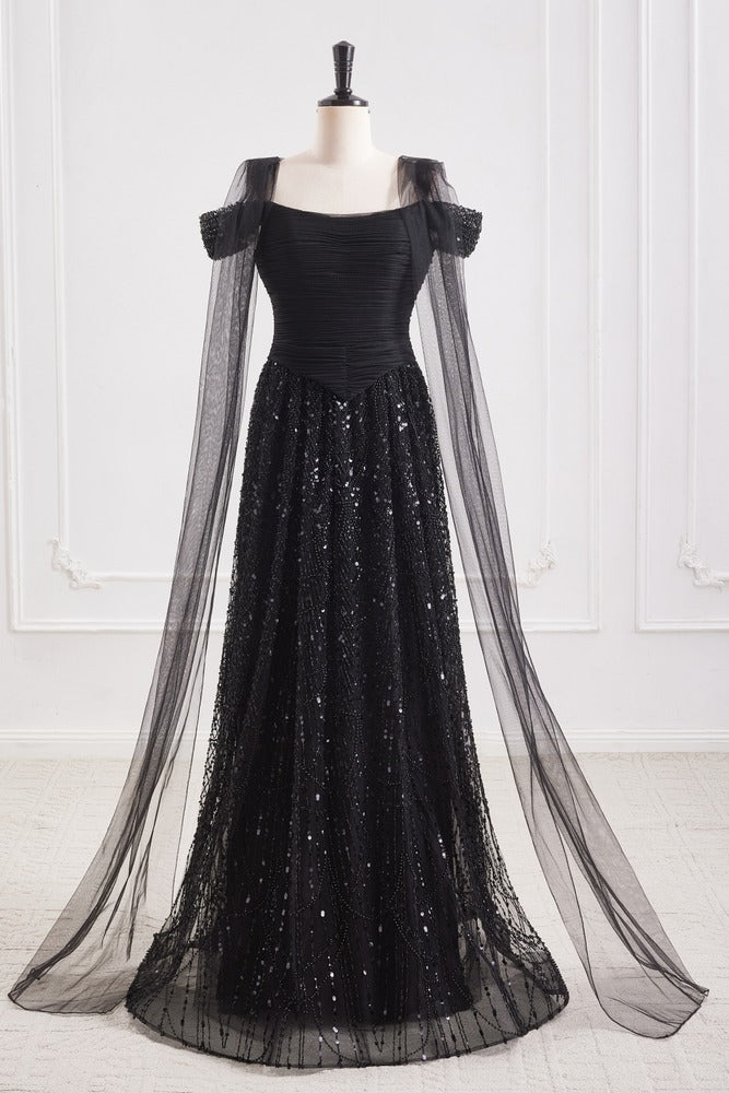 Black Bateau Off-Shoulder Two Tone A-Line Party Prom Dress