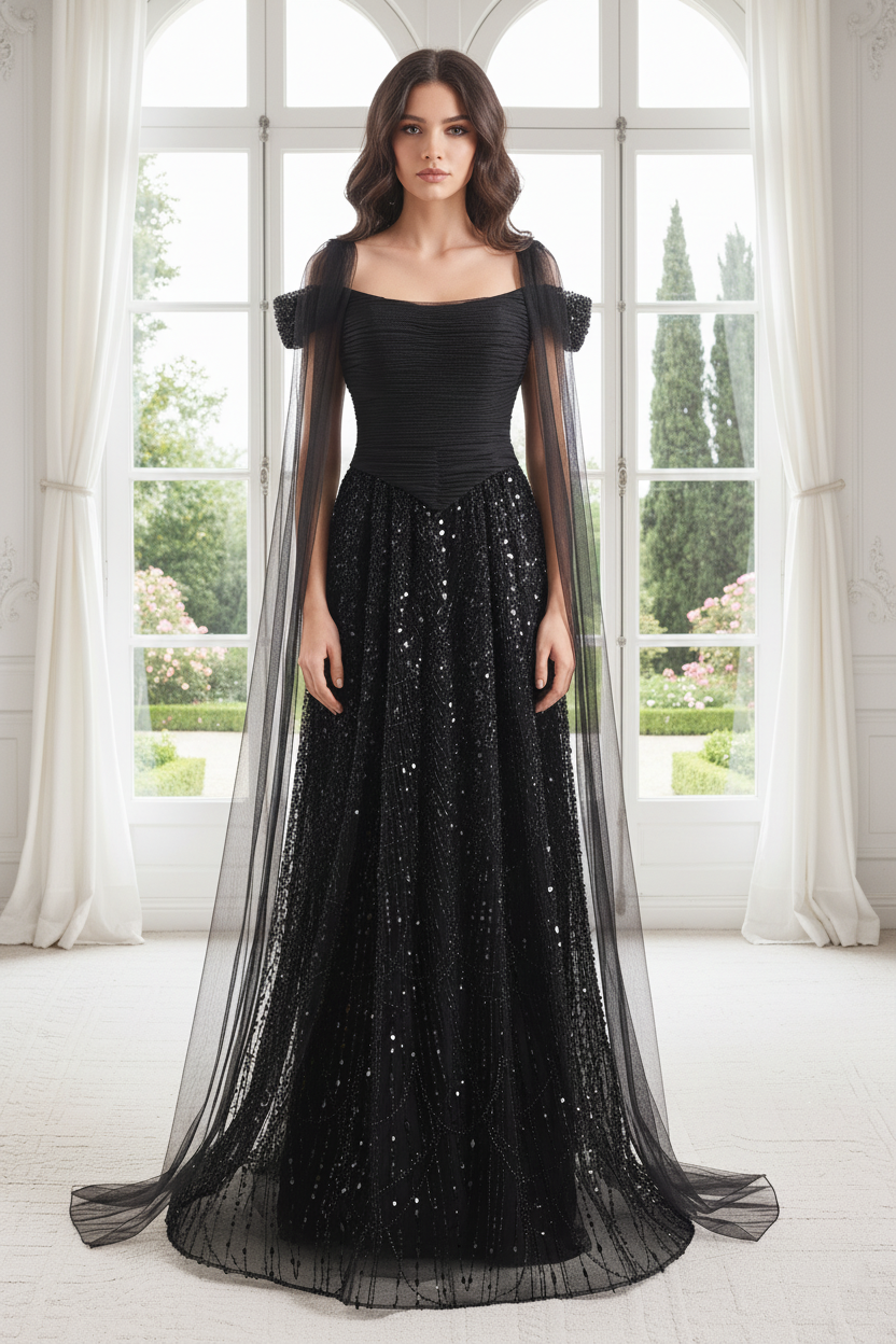 Black Bateau Off-Shoulder Two Tone A-Line Party Prom Dress