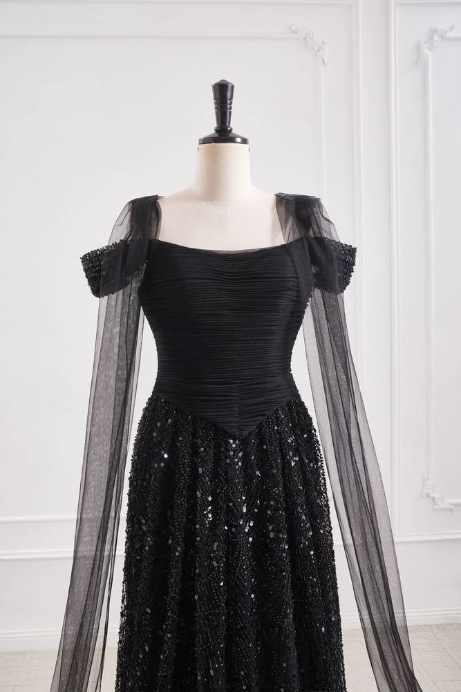 Black Bateau Off-Shoulder Two Tone A-Line Party Prom Dress