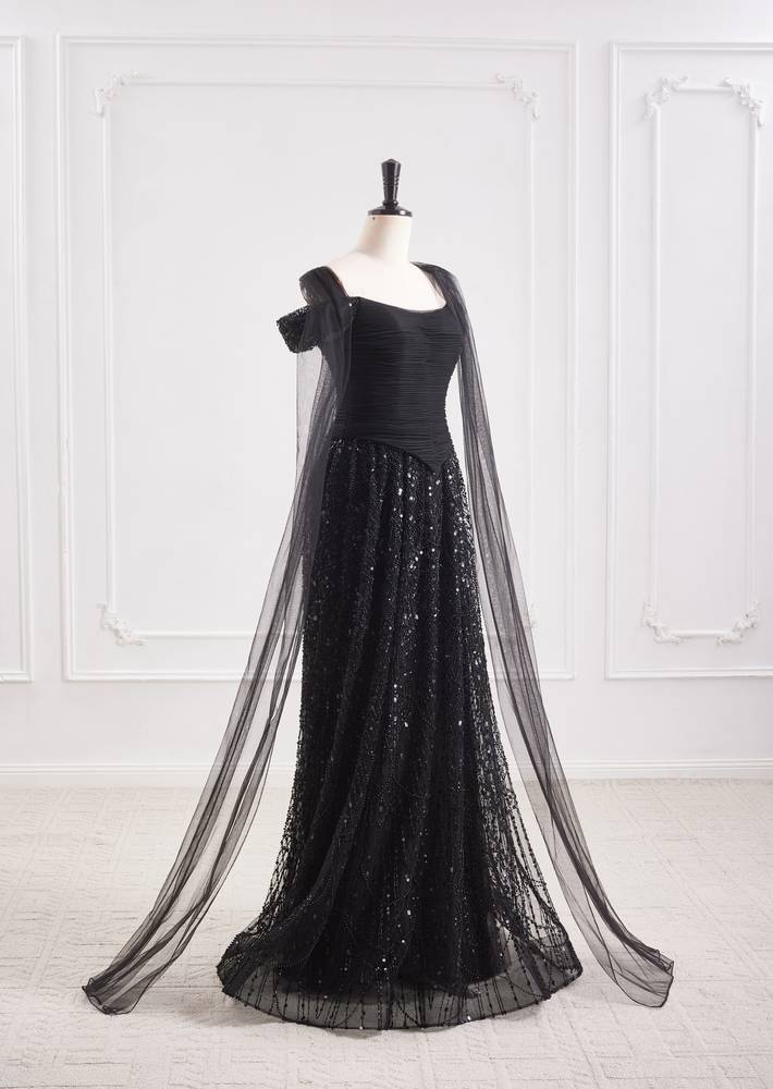 Black Bateau Off-Shoulder Two Tone A-Line Party Prom Dress