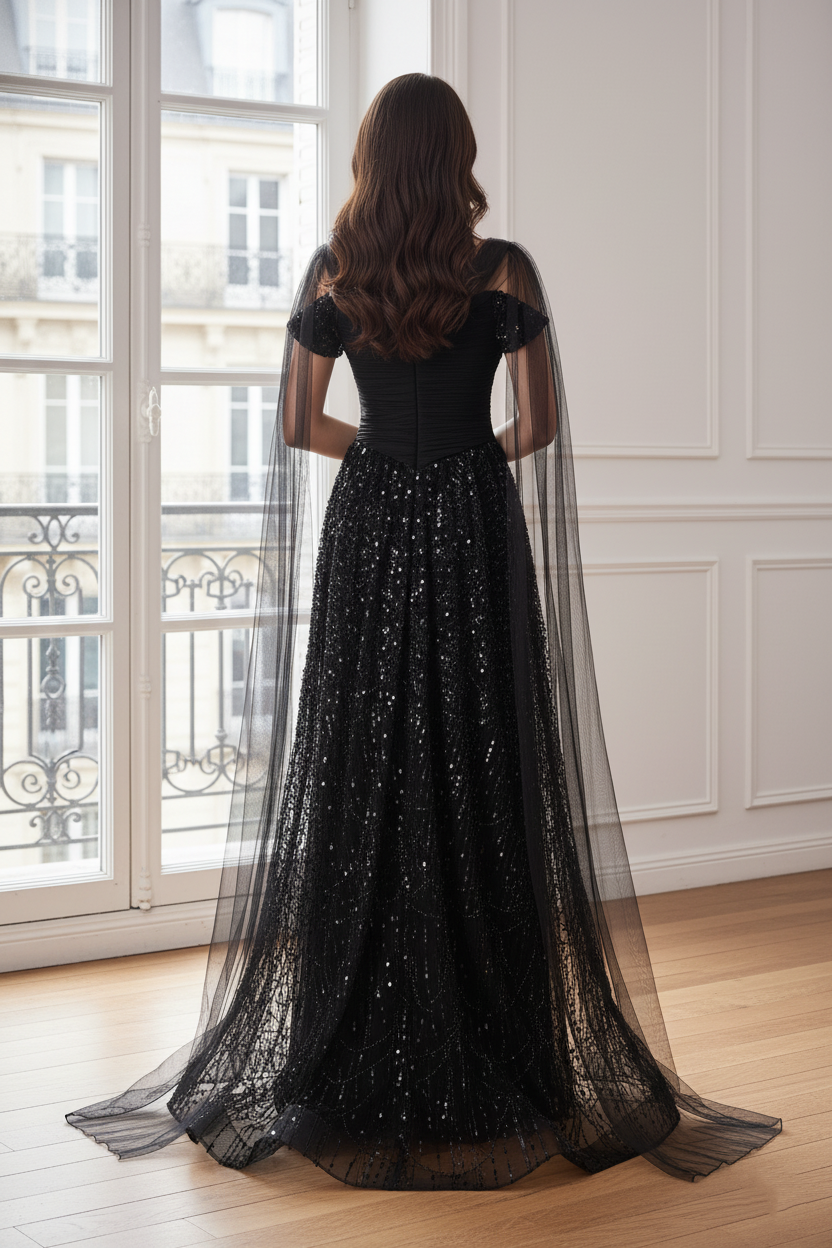 Black Bateau Off-Shoulder Two Tone A-Line Party Prom Dress