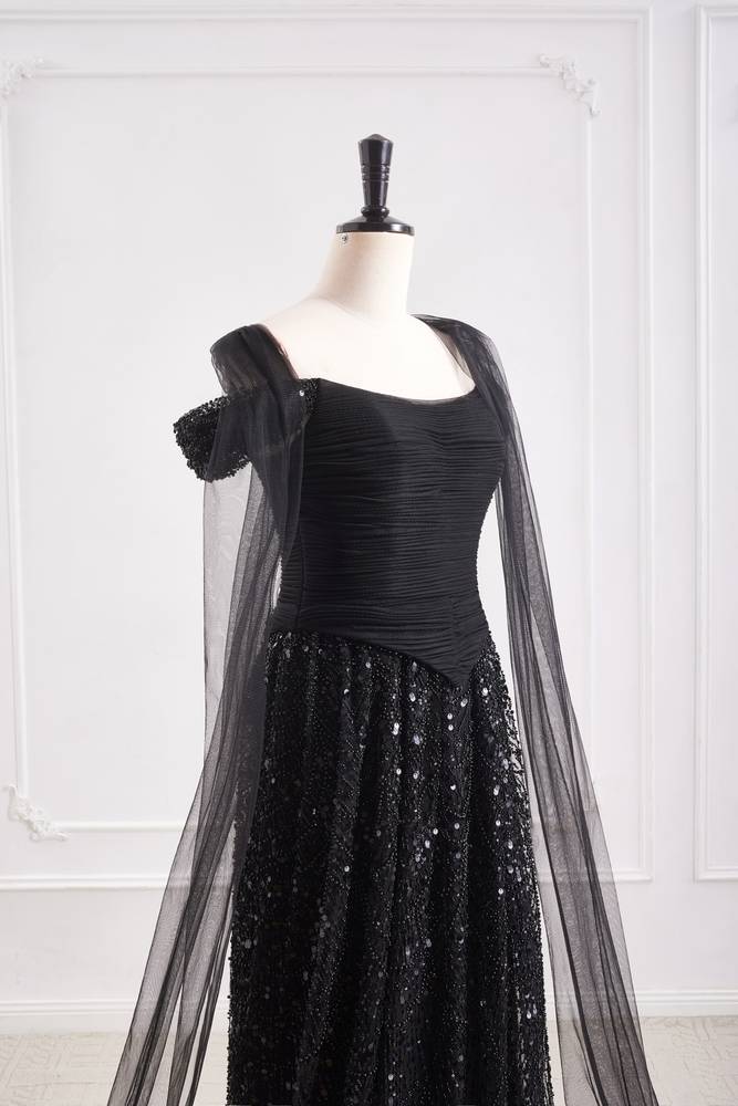 Black Bateau Off-Shoulder Two Tone A-Line Party Prom Dress
