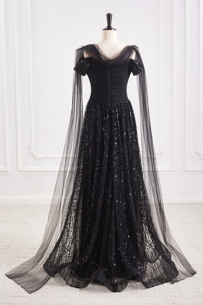 Black Bateau Off-Shoulder Two Tone A-Line Party Prom Dress