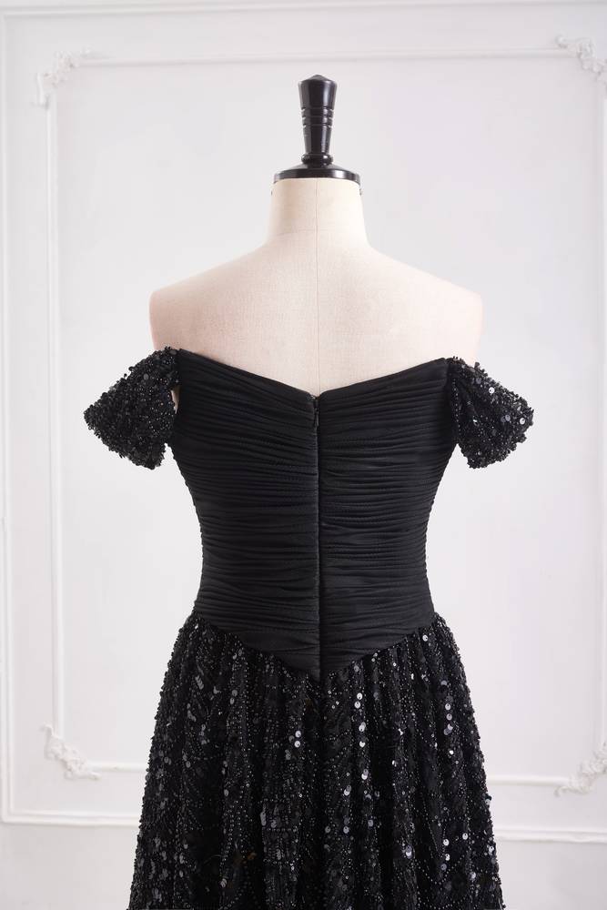 Black Bateau Off-Shoulder Two Tone A-Line Party Prom Dress