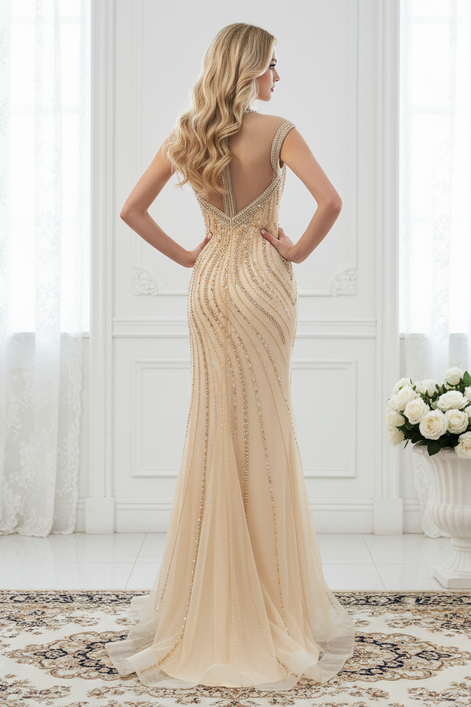 Cap Sleeves High Neck Tulle Mermaid Prom Dress With Beaded Appliques