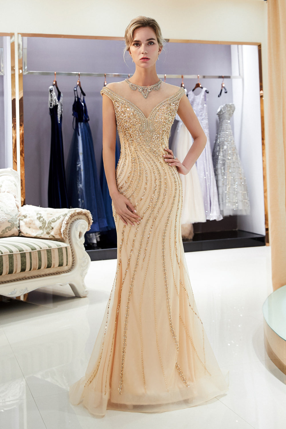 Cap Sleeves High Neck Tulle Mermaid Prom Dress With Beaded Appliques