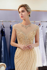 Cap Sleeves High Neck Tulle Mermaid Prom Dress With Beaded Appliques