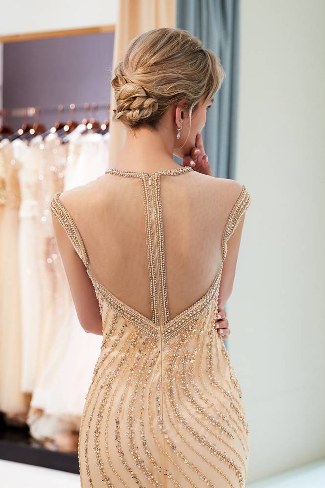 Cap Sleeves High Neck Tulle Mermaid Prom Dress With Beaded Appliques