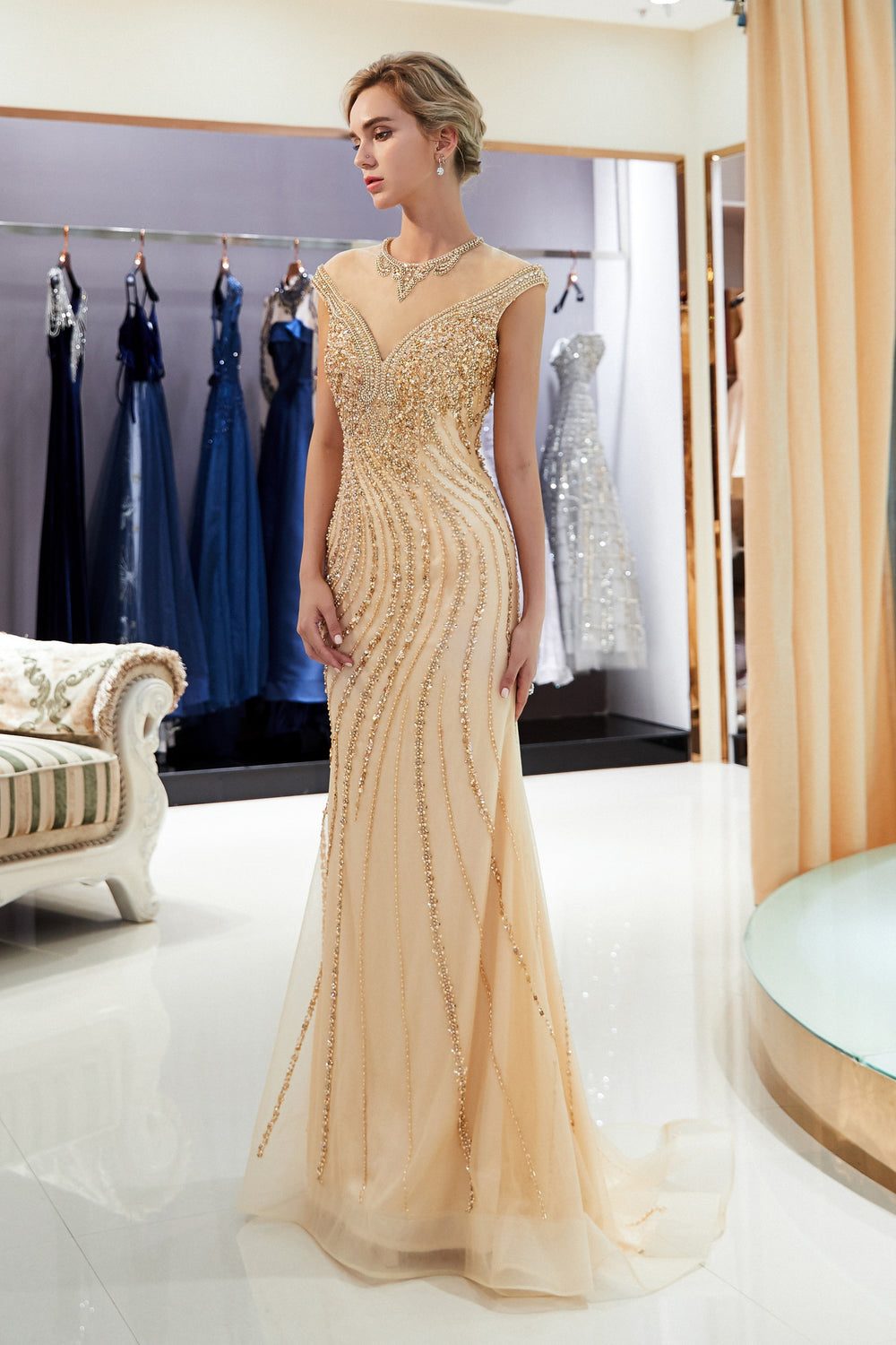 Cap Sleeves High Neck Tulle Mermaid Prom Dress With Beaded Appliques