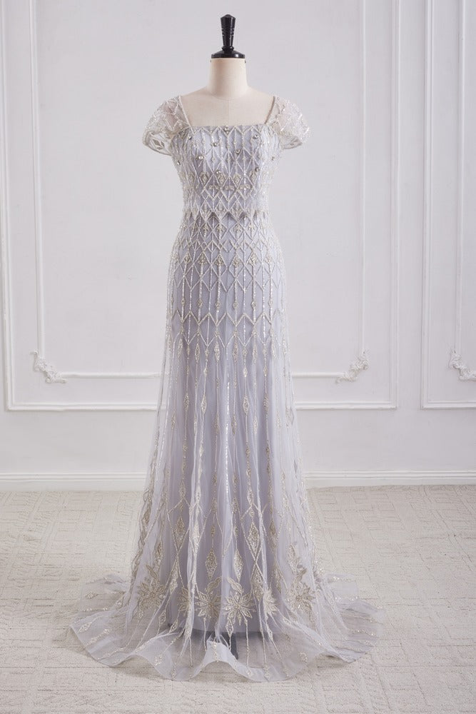 Cap Sleeves Mermaid Empire Beaded Tulle Party Prom Dress