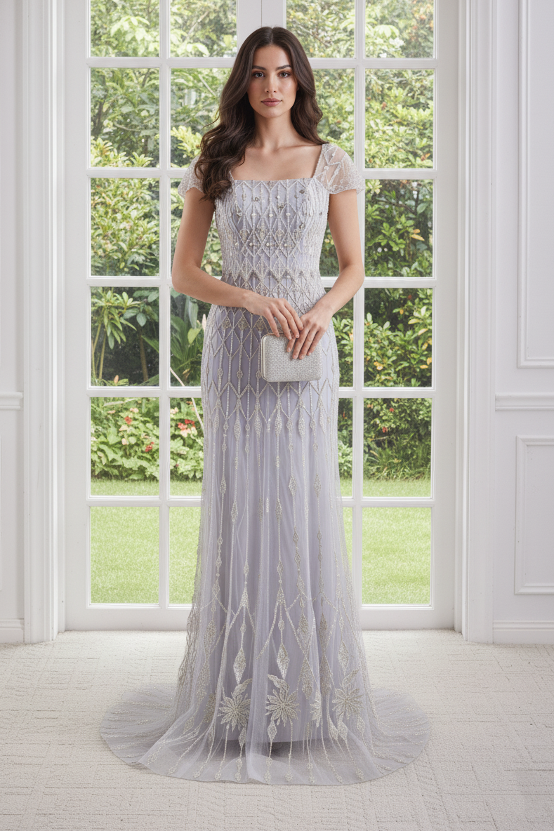 Cap Sleeves Mermaid Empire Beaded Tulle Party Prom Dress