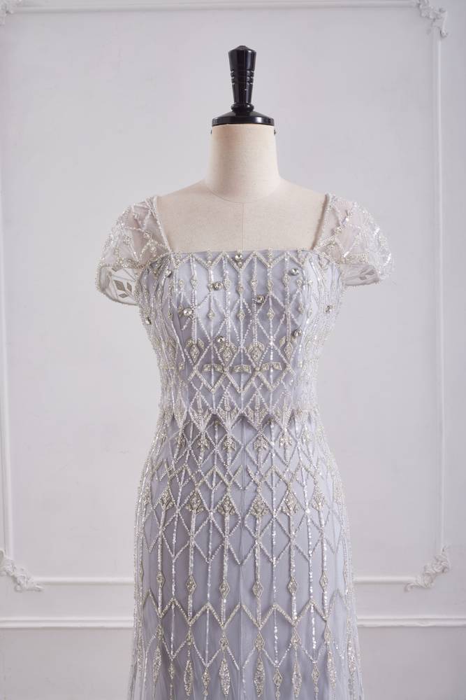 Cap Sleeves Mermaid Empire Beaded Tulle Party Prom Dress