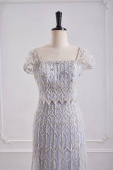 Cap Sleeves Mermaid Empire Beaded Tulle Party Prom Dress