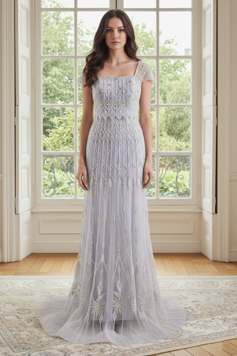 Cap Sleeves Mermaid Empire Beaded Tulle Party Prom Dress