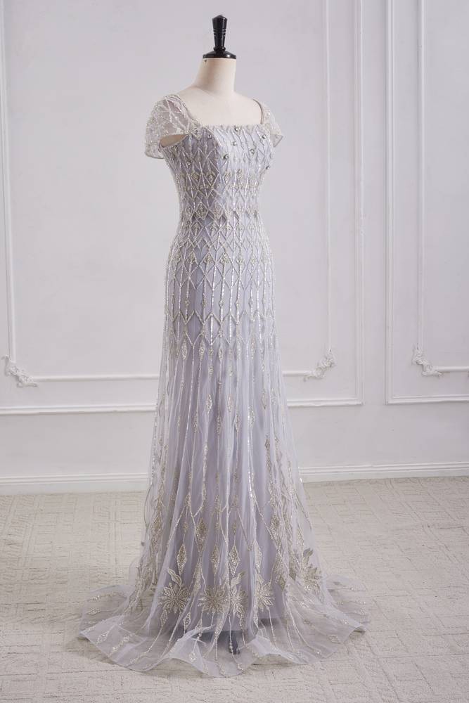 Cap Sleeves Mermaid Empire Beaded Tulle Party Prom Dress