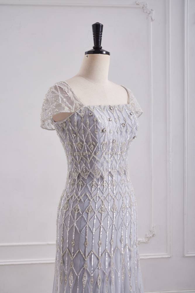 Cap Sleeves Mermaid Empire Beaded Tulle Party Prom Dress