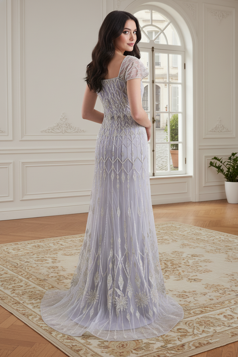 Cap Sleeves Mermaid Empire Beaded Tulle Party Prom Dress