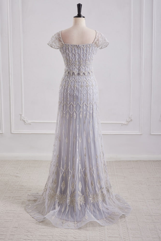 Cap Sleeves Mermaid Empire Beaded Tulle Party Prom Dress