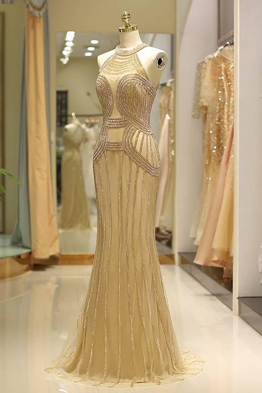 Chic High Neck Sleeveless Mermaid Beaded Party Prom Dress