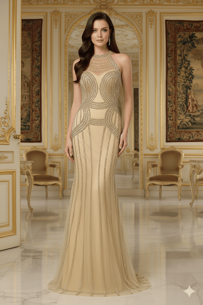 Chic High Neck Sleeveless Mermaid Beaded Party Prom Dress