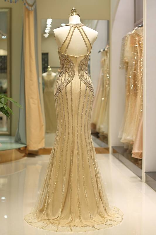 Chic High Neck Sleeveless Mermaid Beaded Party Prom Dress