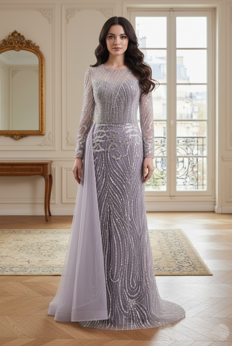 Classic Round Long Sleeves Beaded Mermaid Party Prom Dress